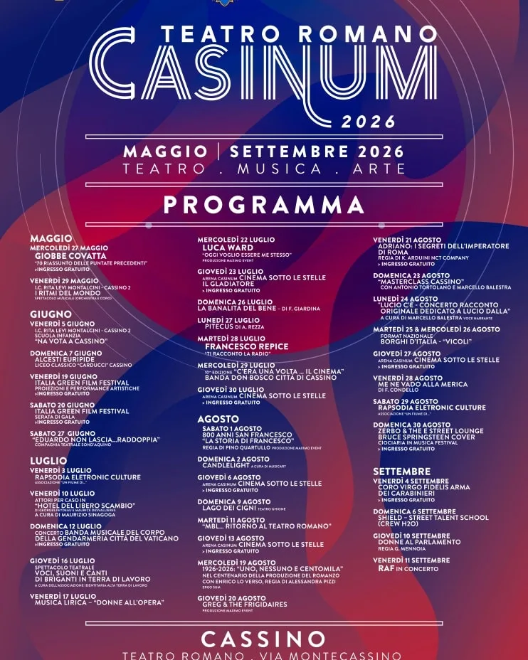 Teatro Romano, la rassegna Casinum 2026 tra musica, teatro, cinema e spettacoli per tutti