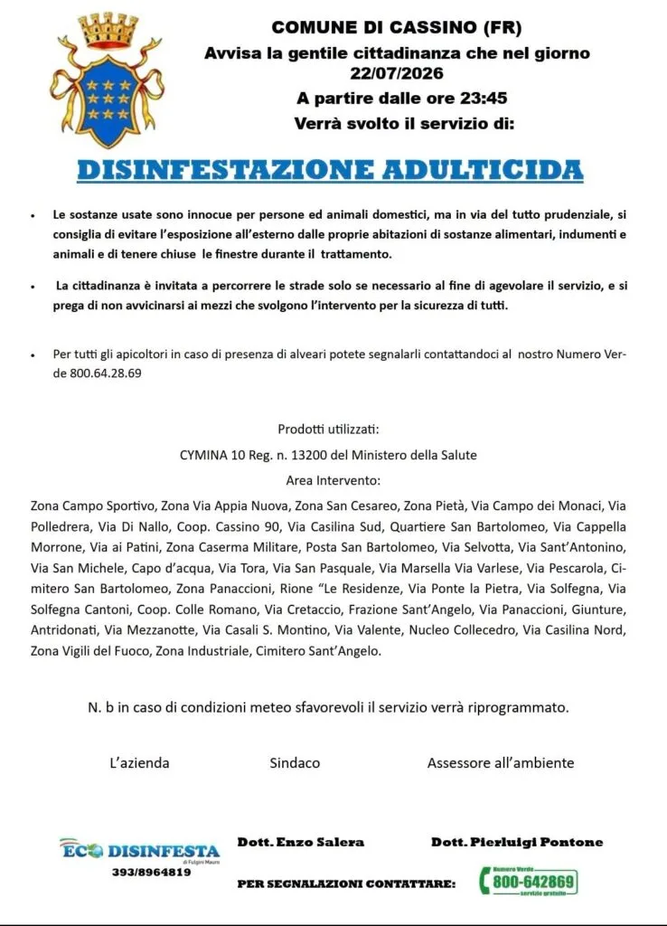 Disinfestazione, tecnici al lavoro questa notte e il 22. I dettagli